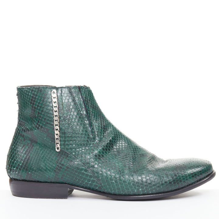 LANVIN 2012 Vintage green scaled leather silver chain ankle boots UK9 EU43