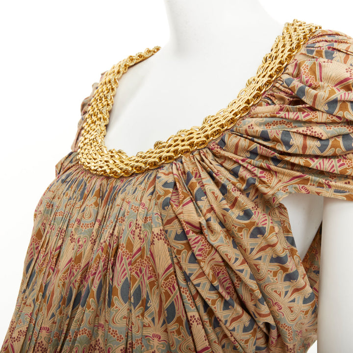 JUNYA WATANABE 2008 beige ethnic print gold chain hardware high low dress S
