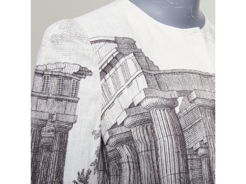 DOLCE GABBANA 2014 cream linen grey Greek Temple printed flax crop jacket IT40 S