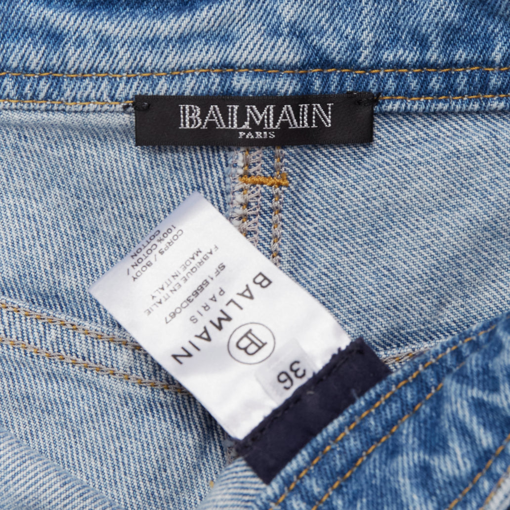 BALMAIN blue washed cotton denim panel pockets cut cutaway cargo shorts FR36 S