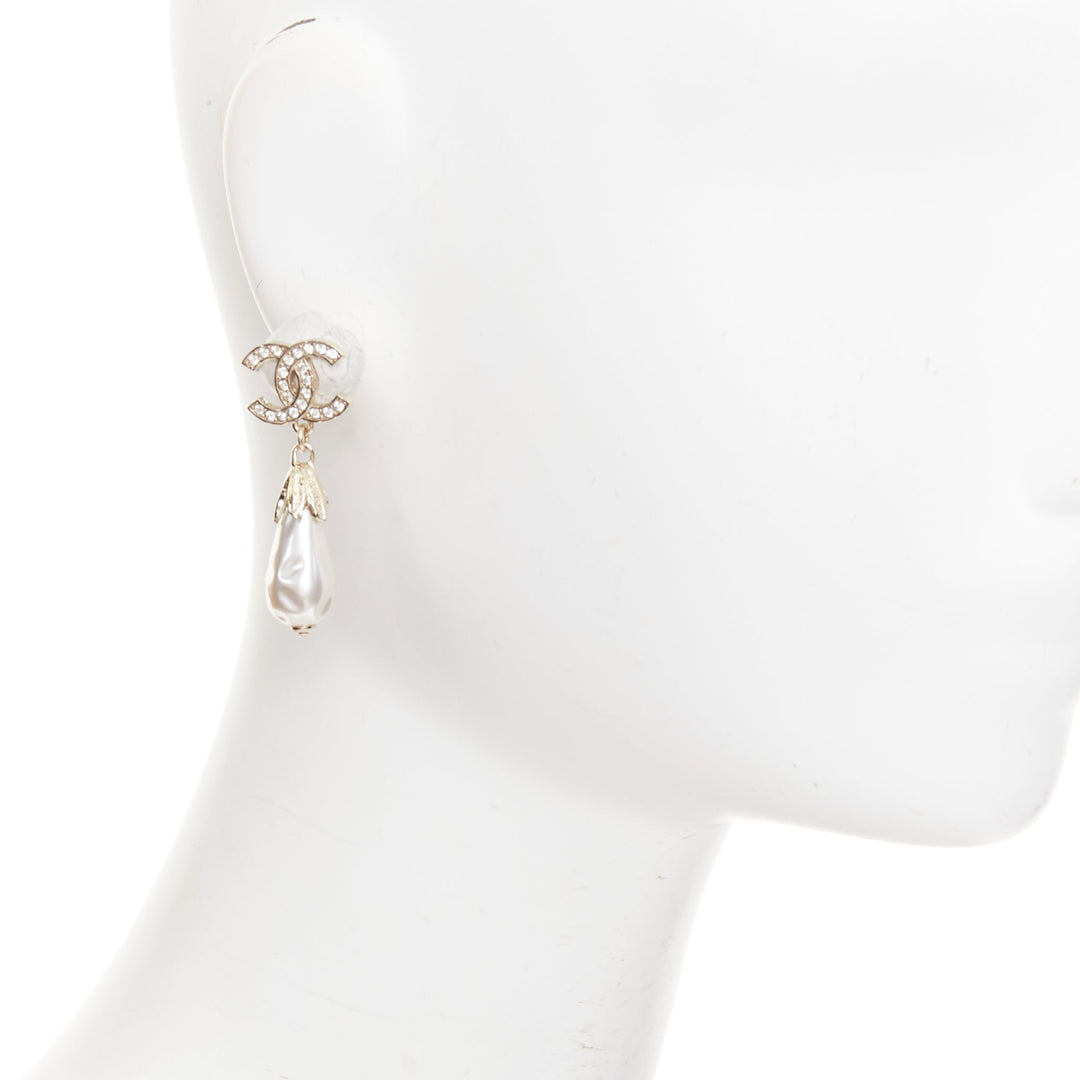 CHANEL L25S champagne gold CC logo crystal pave drop pearl pin earrings pair