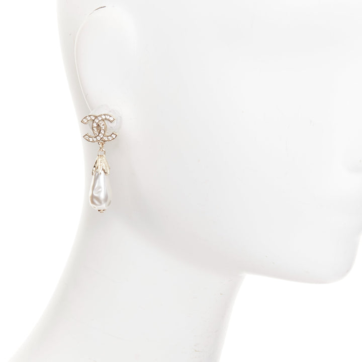 CHANEL L25S champagne gold CC logo crystal pave drop pearl pin earrings pair