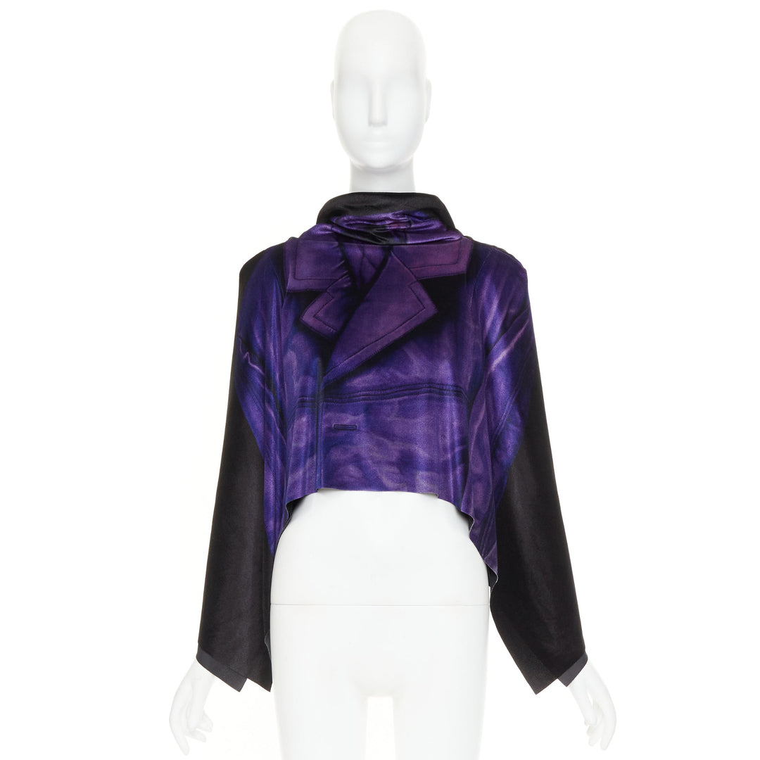 LOEWE 2022 Runway black purple Trompe Loeil print open draped cape top FR36 S