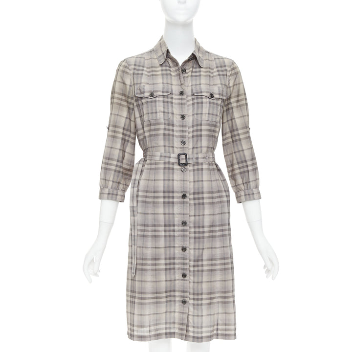 BURBERRY House Check beige cotton cowhide belted shirt dress IT38 XS