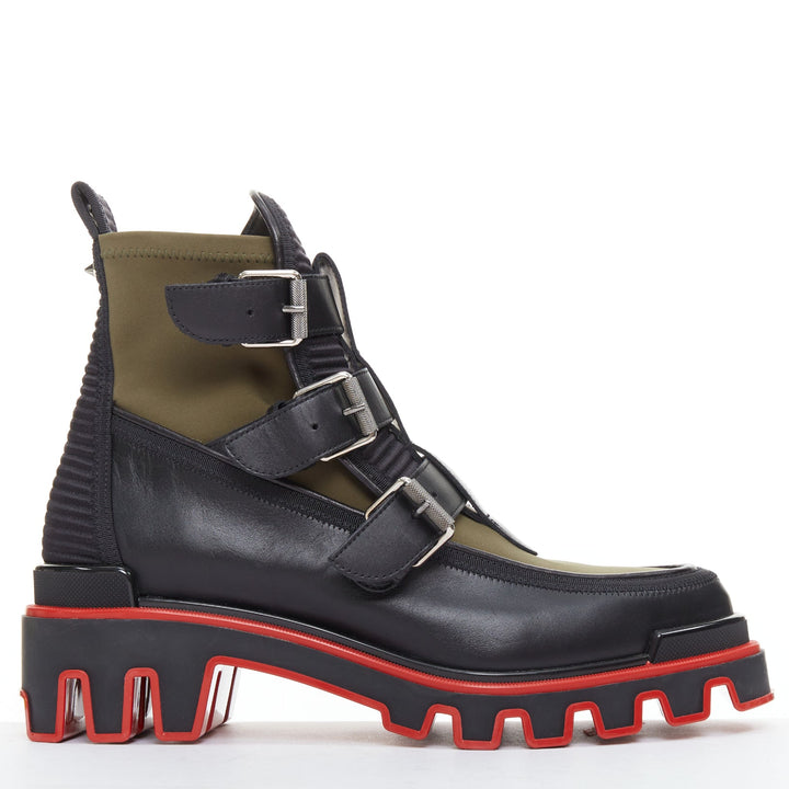 CHRISTIAN LOUBOUTIN Buckle Dune  green nylon leather ridged sole boot EU44