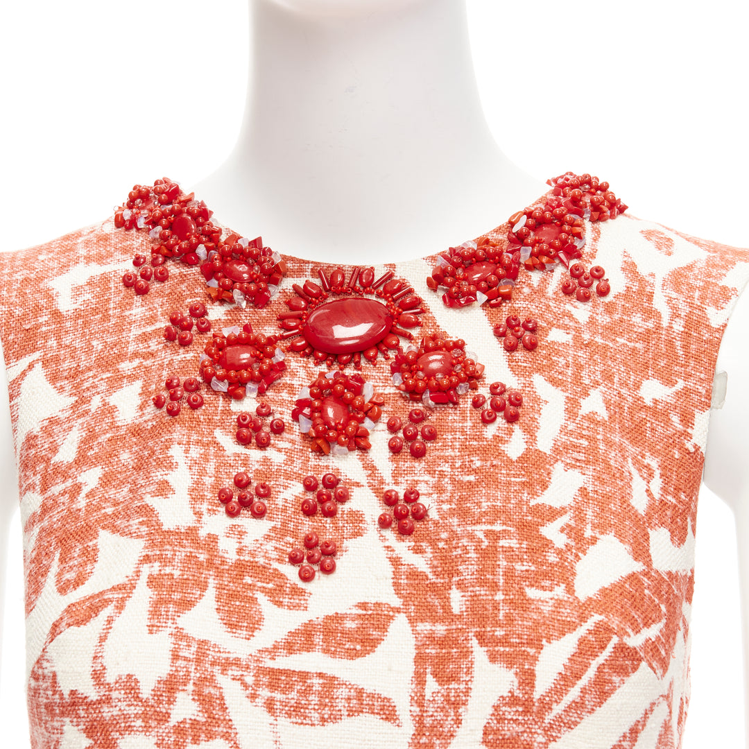 MONIQUE LHUILLIER cream red floral embellished collar sheath dress