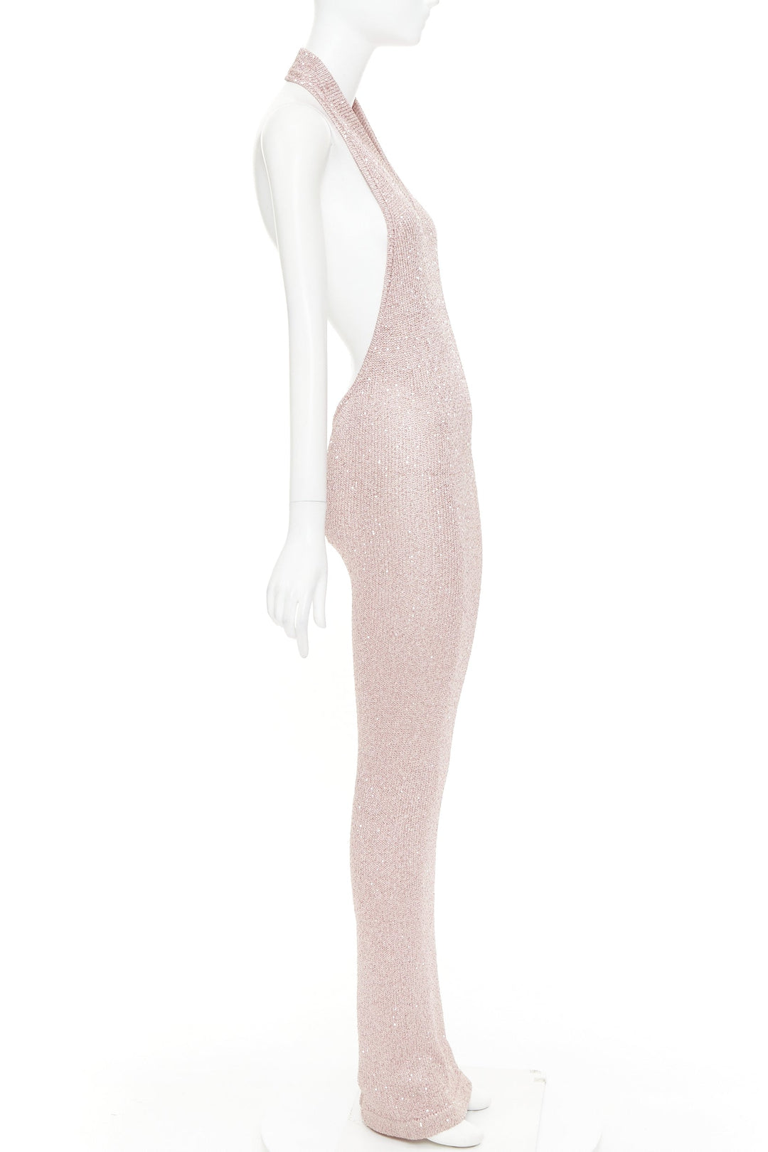 ALEXANDRE VAUTHIER metallic pink sequinned knitted halter backless gown dress