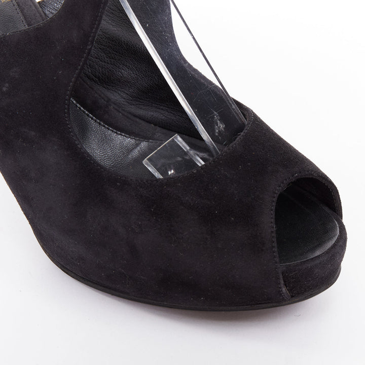 FENDI black suede gold buckle slingback peep toe pumps EU37