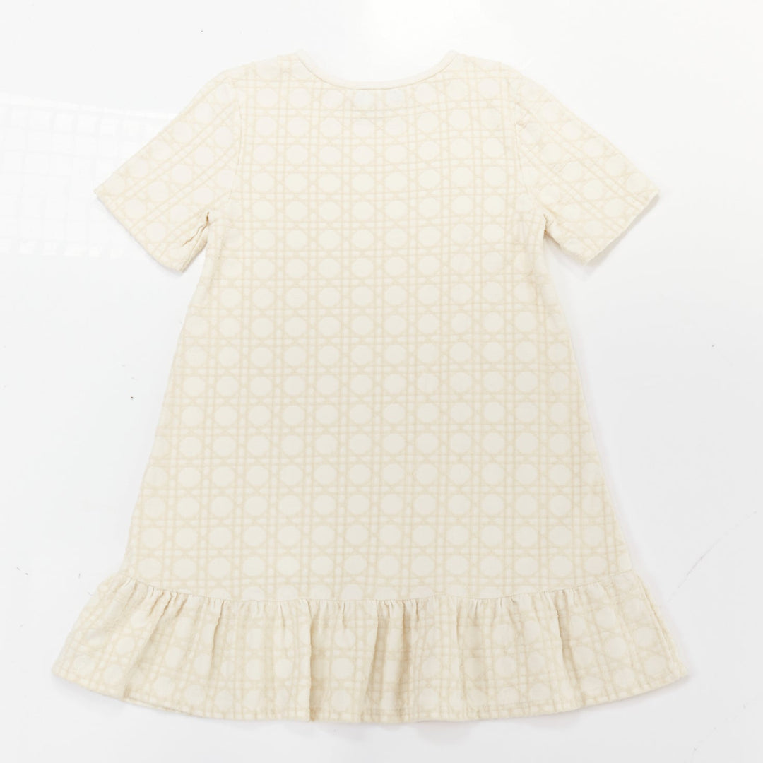 BABY DIOR ivory 100% cotton velvet flock Cannage ruffle hem A-line dress 6Y