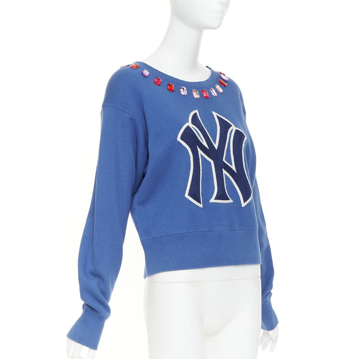GUCCI 2018 MLB New York Yankees blue cotton jeweled bateau neck sweatshirt XS