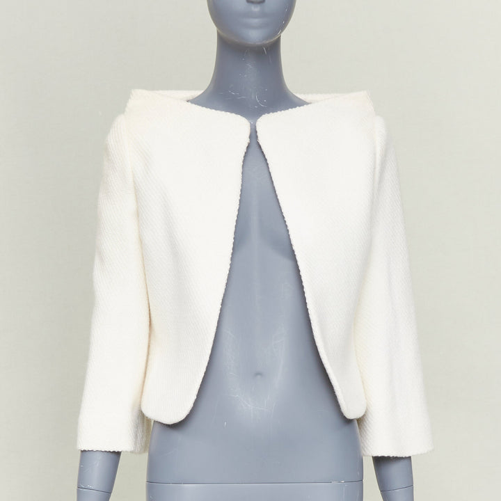 VERONIQUE LEROY 2015 cream textured wool boucle cropped blazer jacket FR36 S