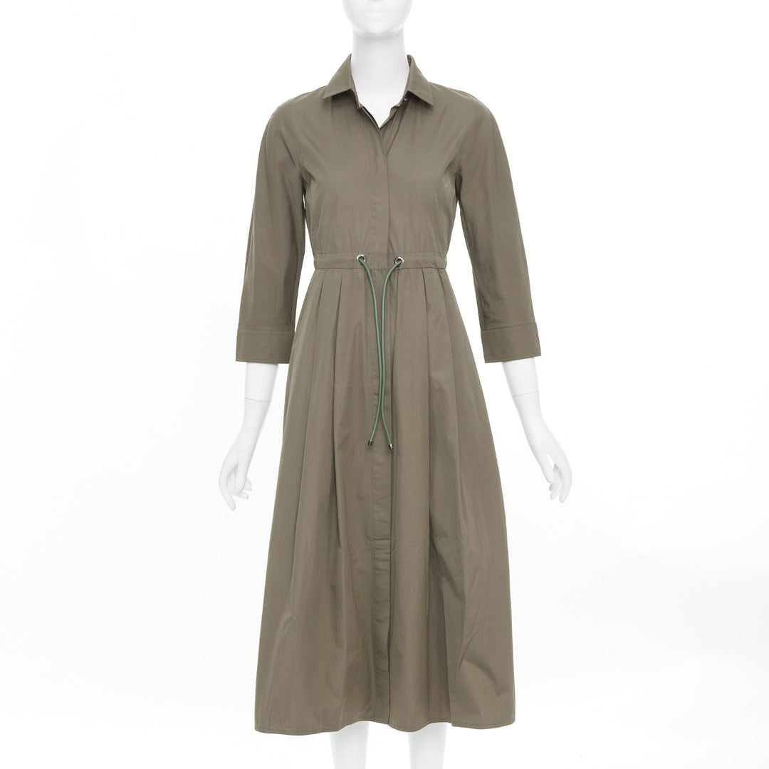 MAX MARA brown cotton poplin drawstring waist utility midi shirt dress IT36 XXS