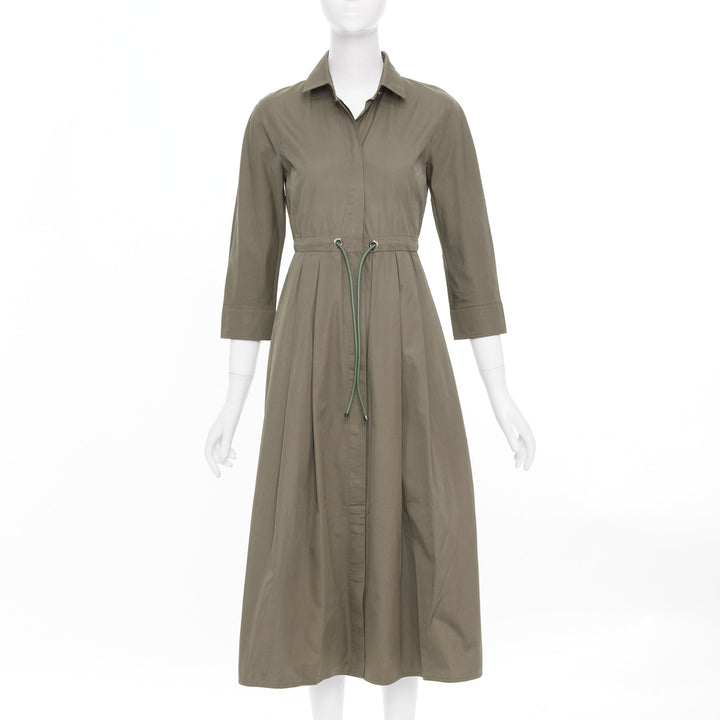 MAX MARA brown cotton poplin drawstring waist utility midi shirt dress IT36 XXS