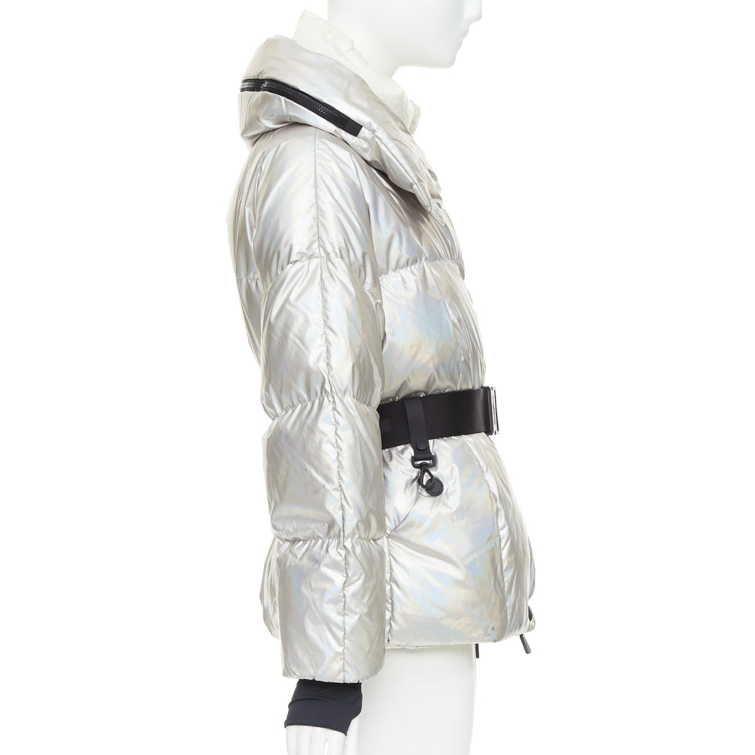 MONCLER Ollignan holographic silver duo collar belted puffer ski  jacket Sz.0 XS