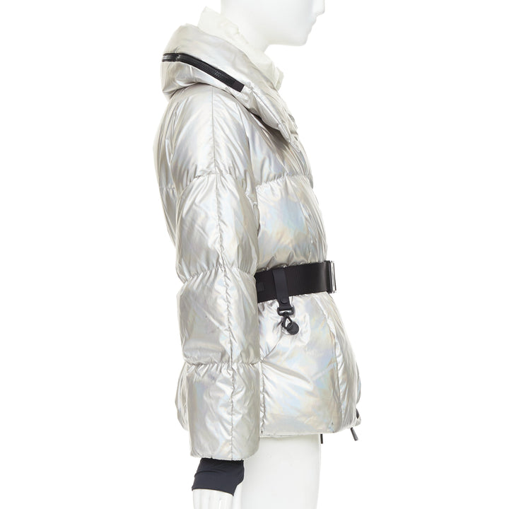 MONCLER Ollignan holographic silver duo collar belted puffer ski  jacket Sz.0 XS