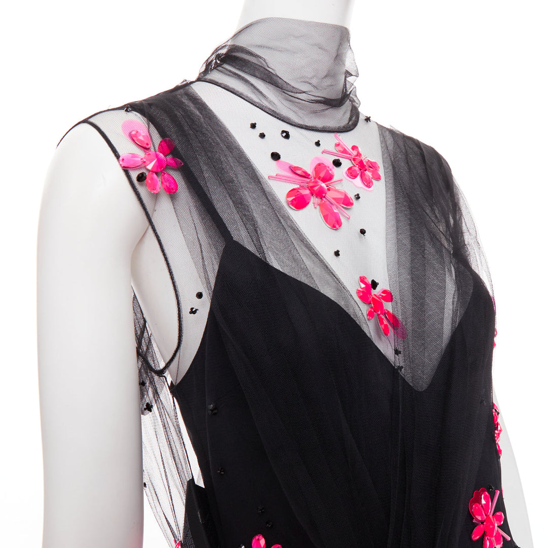 PRADA 2018 Runway neon pink floral bead black tulle sheer midi dress IT40 S