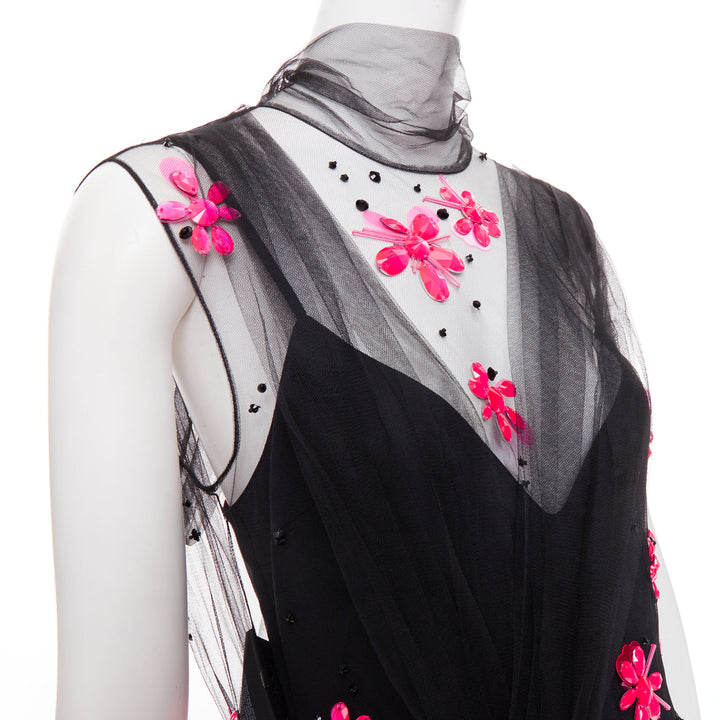 PRADA 2018 Runway neon pink floral bead black tulle sheer midi dress IT40 S