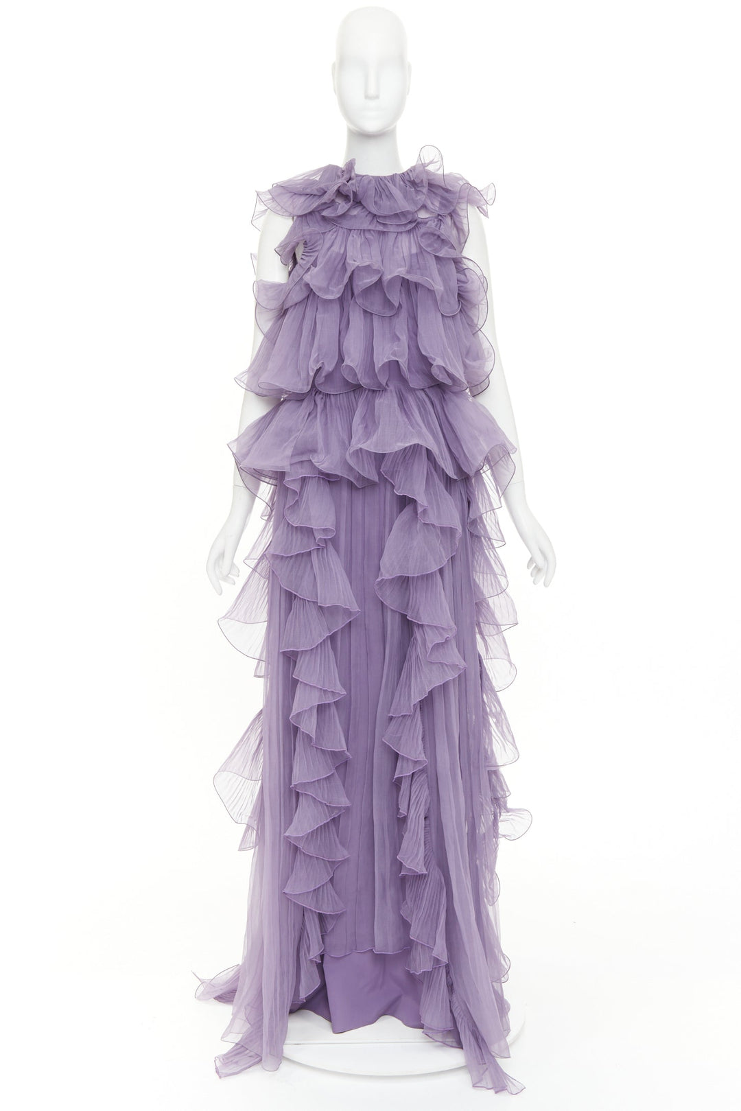 ALBERTA FERRETTI Vintage purple sheer silk tier ruffle evening gown dress IT40 S