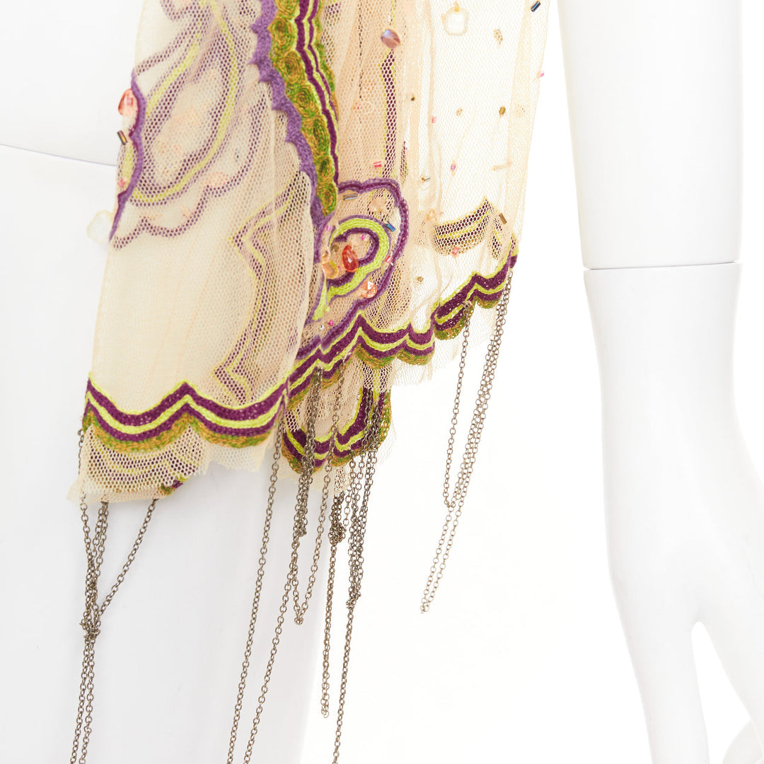 ETRO nude mesh green purple embroidered embellished beaded chain scarf