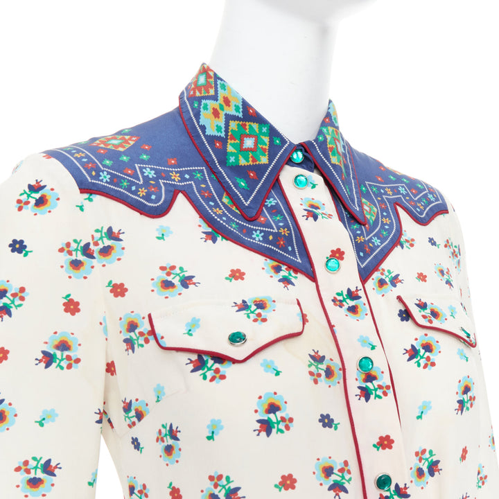 GUCCI 2016 navy cream 100% silk western print belted dress IT38 XS