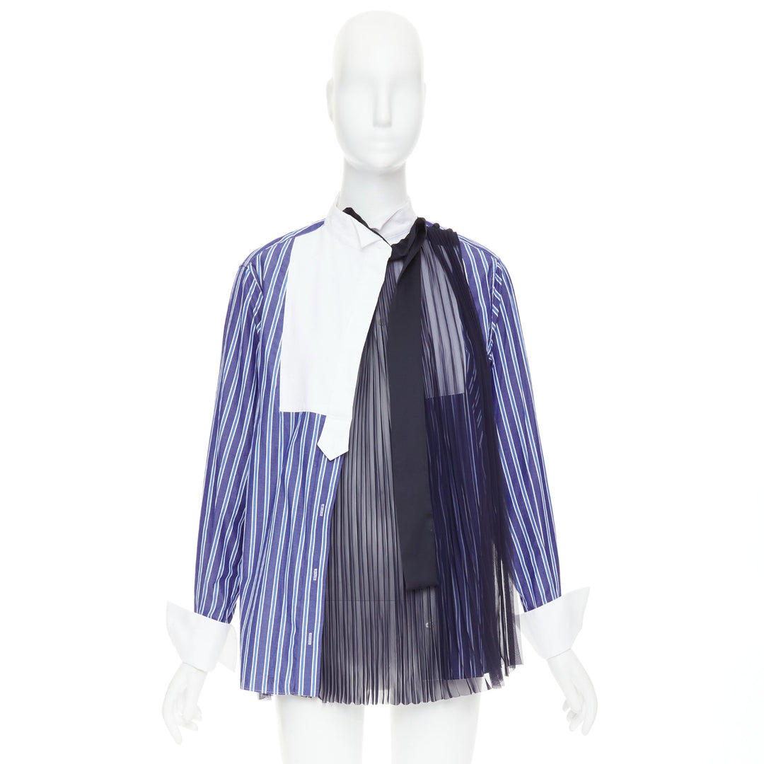 SACAI 2021 blue striped cotton bib collar sheer panel deconstructed shirt JP1 S