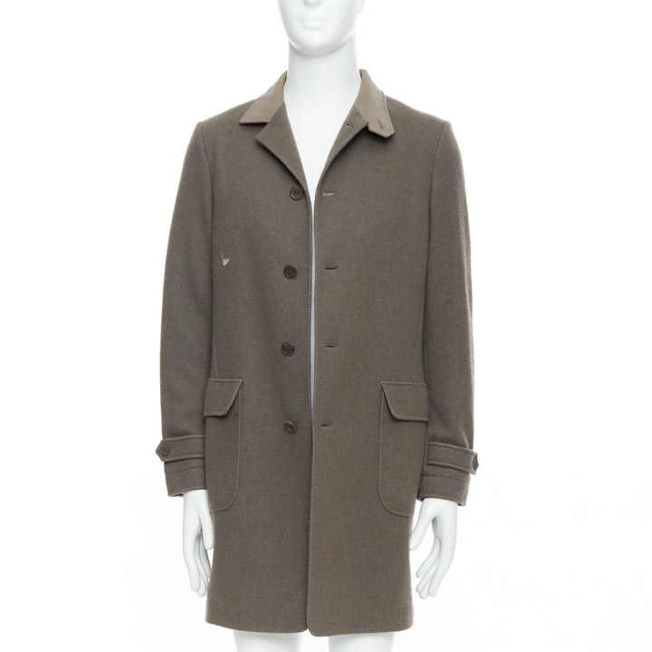 LORO PIANA khaki beige cashmere blend deer leather collar coat S