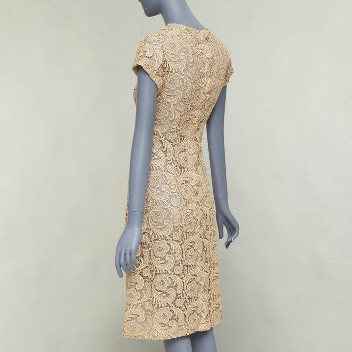 PRADA 2008 Vintage gold metallic 3D guipure lace cap sleeve dress IT38 XS