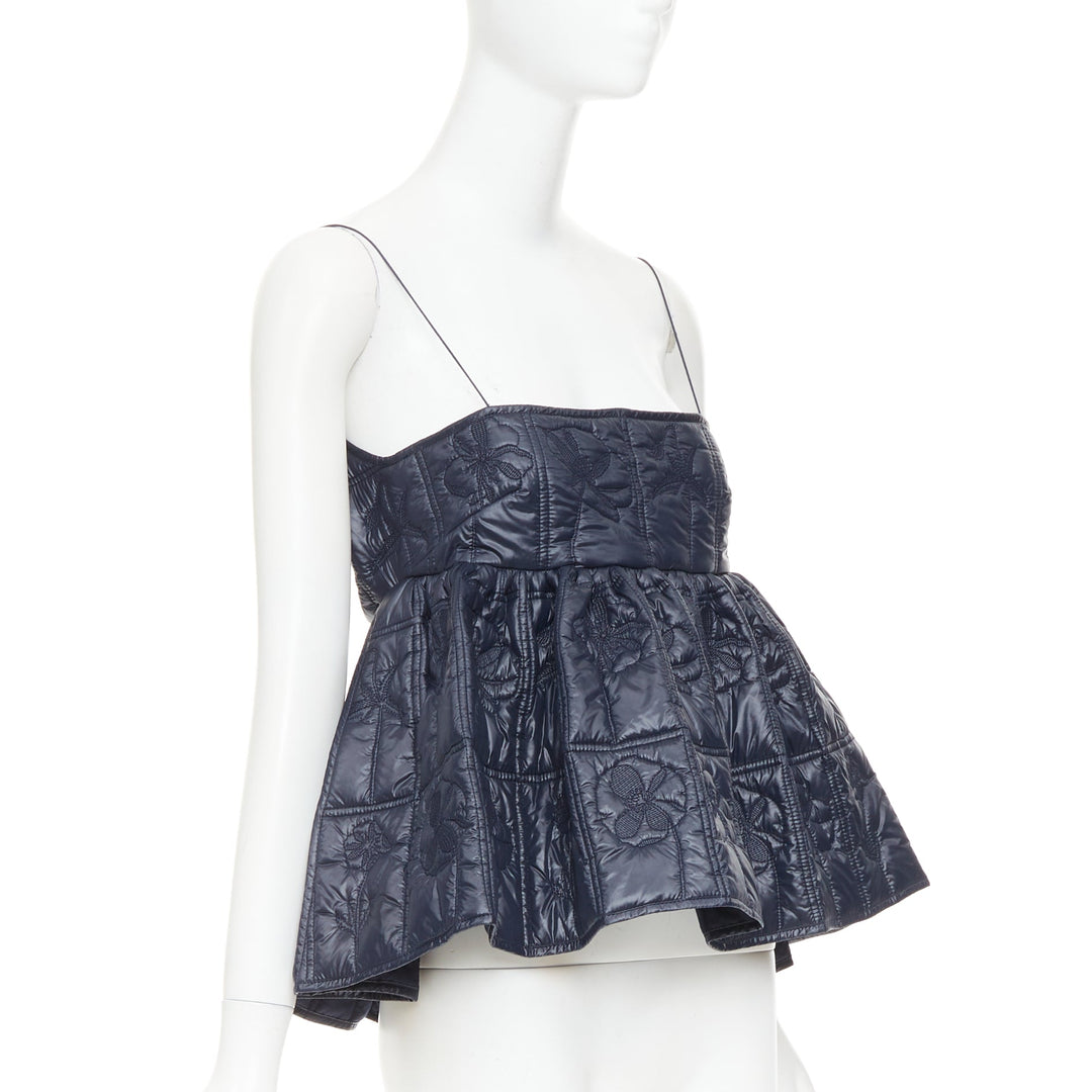 CECILIE BAHNSEN Celina navy floral quilted nylon peplum babydoll top UK6 XS