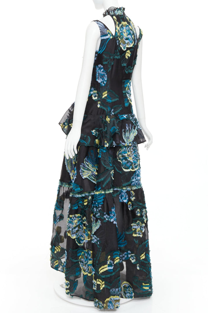 ERDEM 2015 Runway black green blue sheer jacquard cold shoulder gown