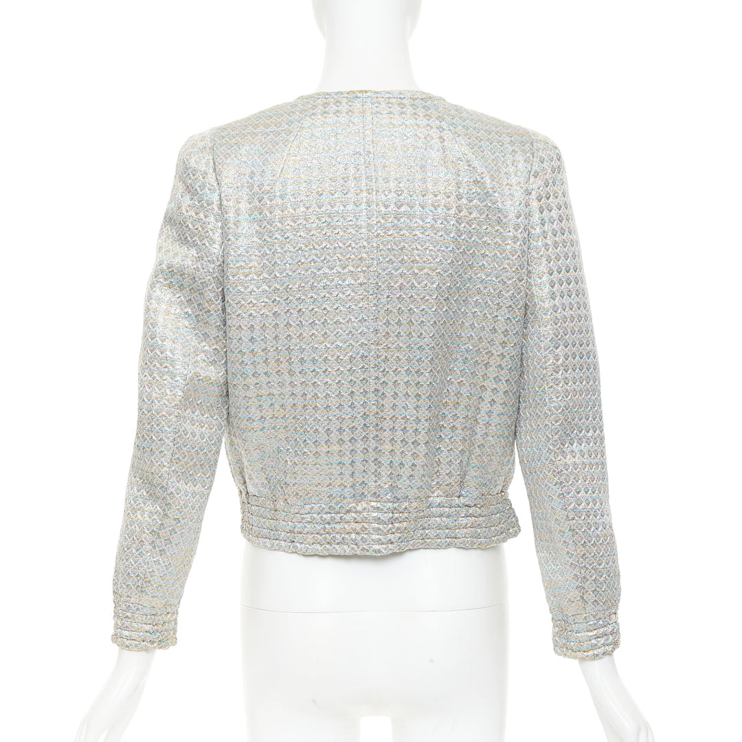 DRIES VAN NOTEN 2017 silver multicolor geometric jacquard crop jacket FR40 L