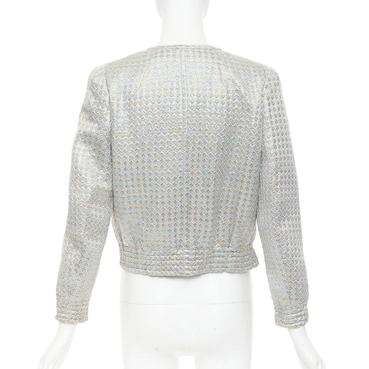 DRIES VAN NOTEN 2017 silver multicolor geometric jacquard crop jacket FR40 L