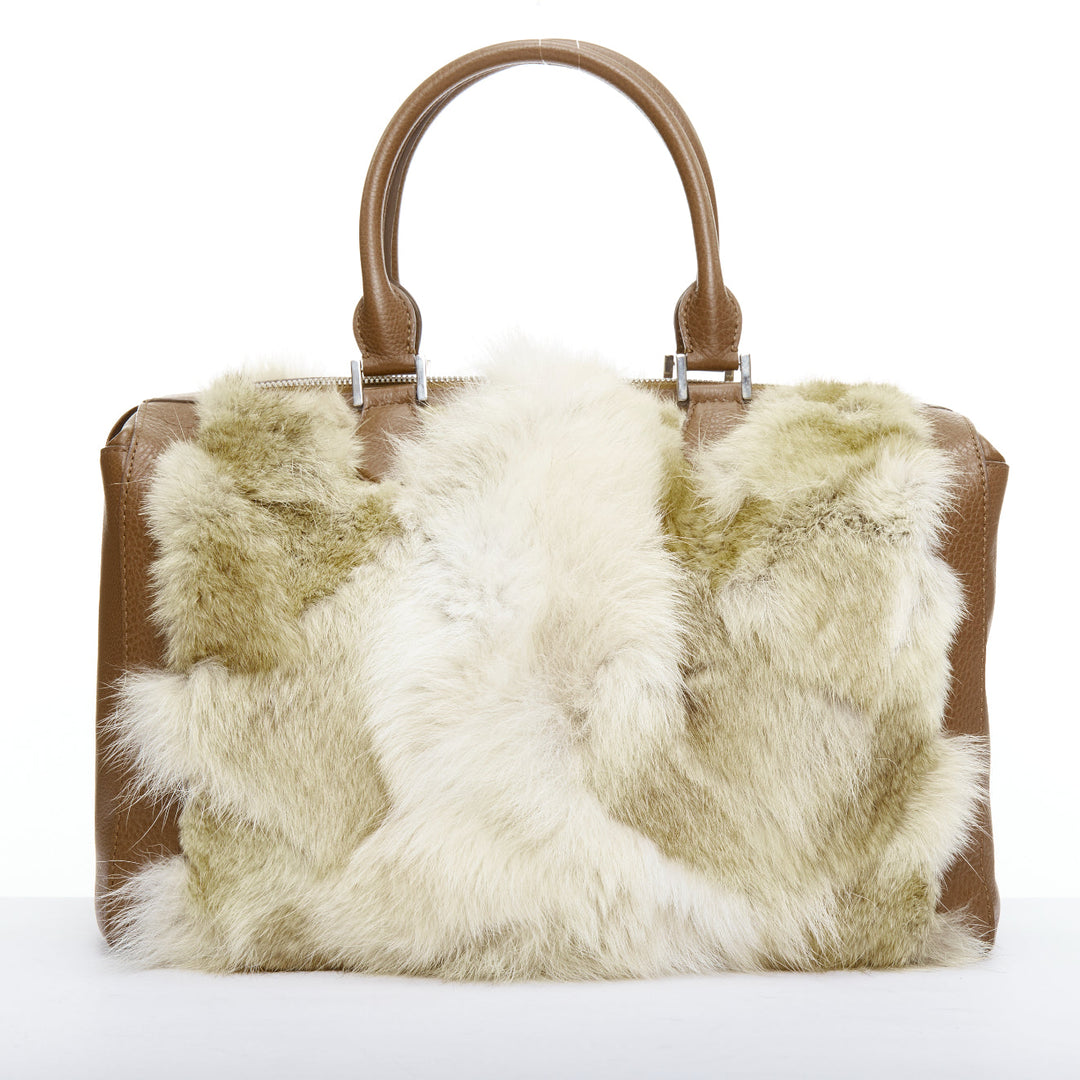 MICHAEL KORS COLLECTION brown leather cream coyote fur duffel tote bag