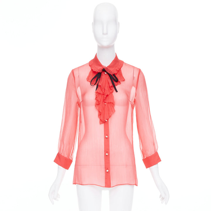 GUCCI coral red sheer chiffon GG pearl black pussybow ruffle blouse IT42 M