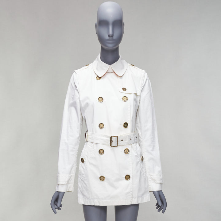 BURBERRY BRIT cream cotton metal logo buttons short trench coat UK10 M