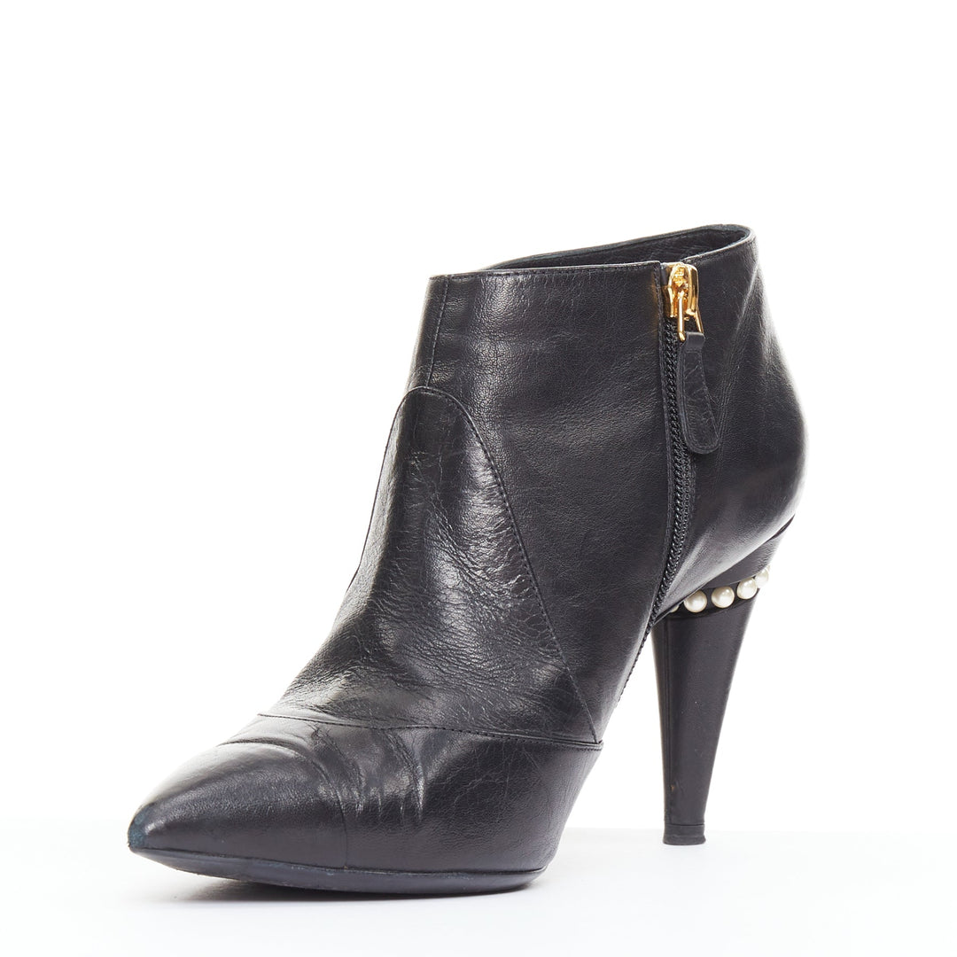 CHANEL 15C black calfskin faux pearl high cone heeled ankle boots EU38