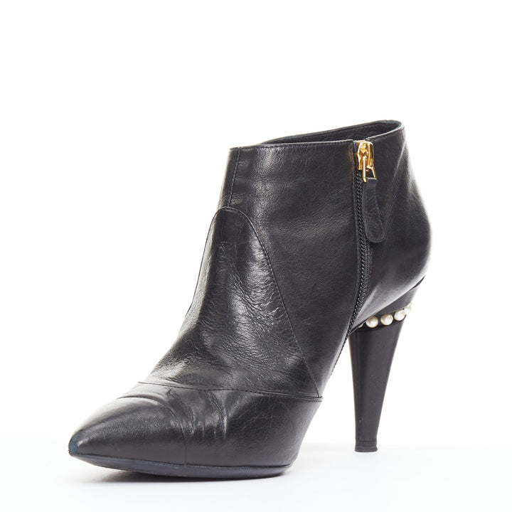 CHANEL 15C black calfskin faux pearl high cone heeled ankle boots EU38