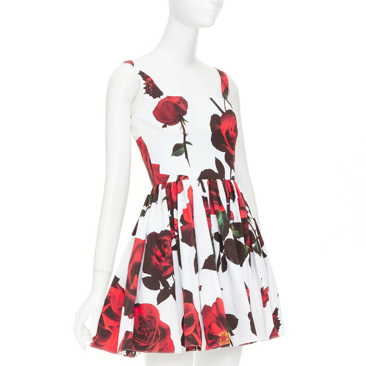 ALEXANDER MCQUEEN 2024 Tudor Rose print cotton poplin skater mini dress IT38 XS