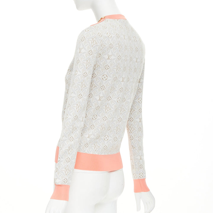 LOUIS VUITTON 2022 Since 1964 Monogram pink grey jacquard gold chain sweater XS