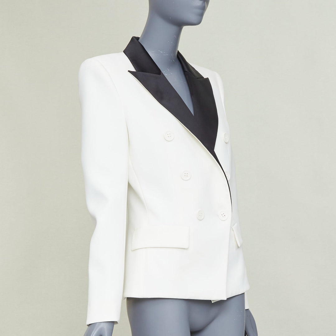 ALEXANDRE VAUTHIER off white black satin lapel double breasted tuxedo jacket