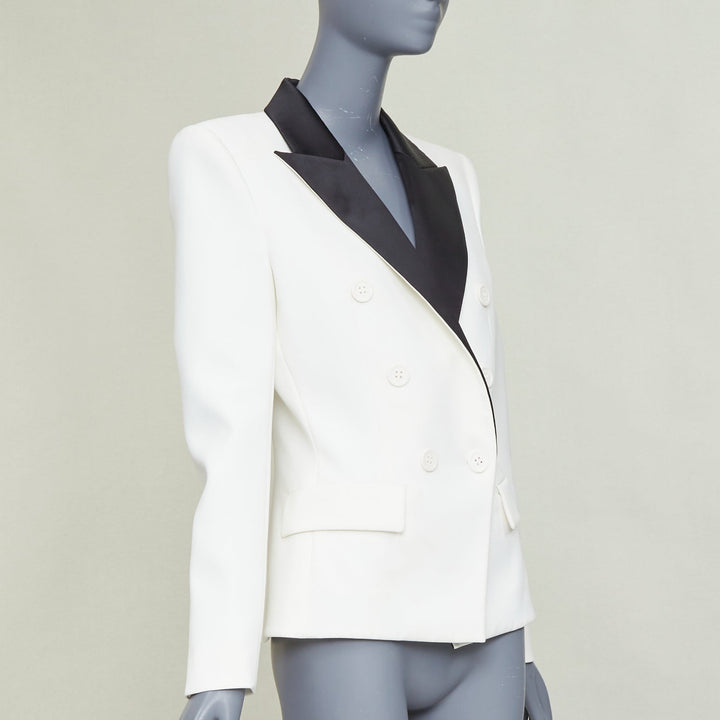 ALEXANDRE VAUTHIER off white black satin lapel double breasted tuxedo jacket