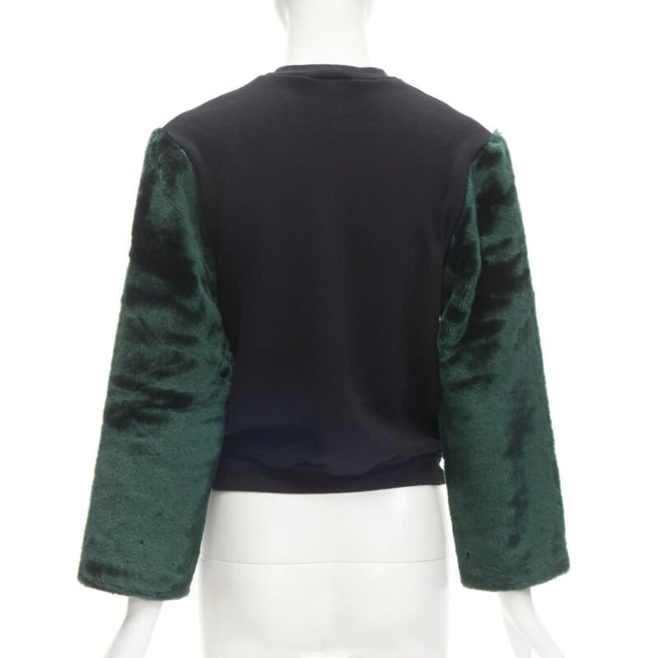 NASIR MAZHAR black velvet print green faux fur sleeve pullover sweatshirt S