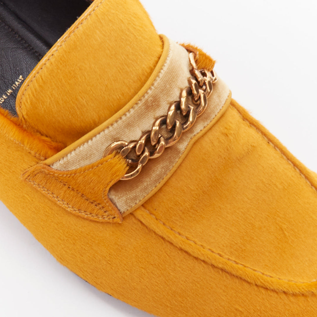 TOM FORD mustard yellow calf hair gold chain velvet moccasin loafers UK8 EU42