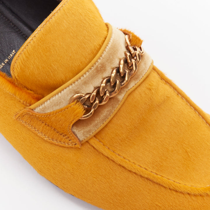 TOM FORD mustard yellow calf hair gold chain velvet moccasin loafers UK8 EU42