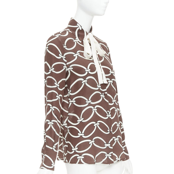 VALENTINO Chain 1967 brown cream crepe de chine silk tie neck blouse IT38 XS