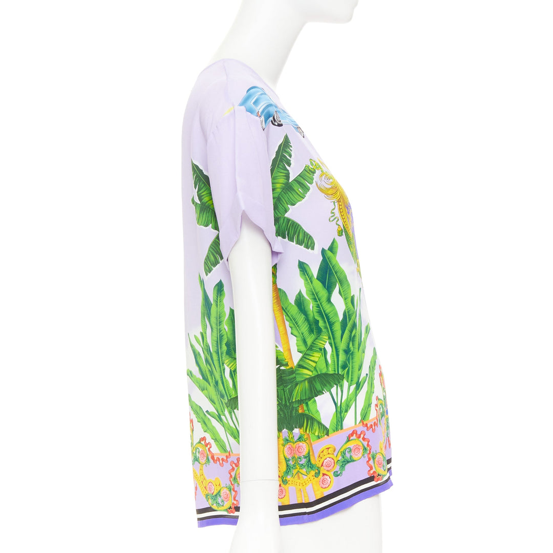 VERSACE Beverly Palm lilac purple silk print short sleeve top IT40 S