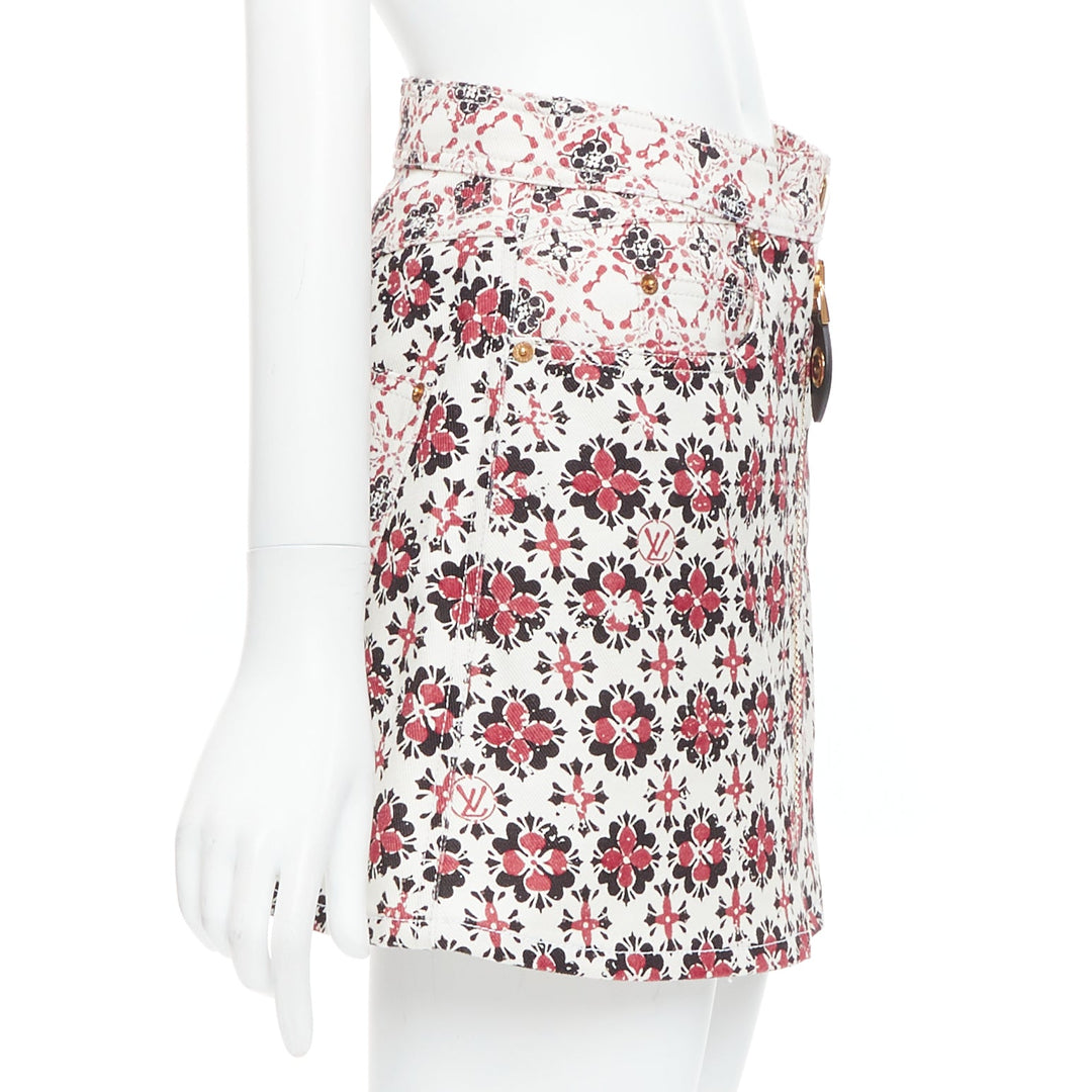 LOUIS VUITTON 2023 Vintage Monogram red cream floral denim zip skirt FR34 XS