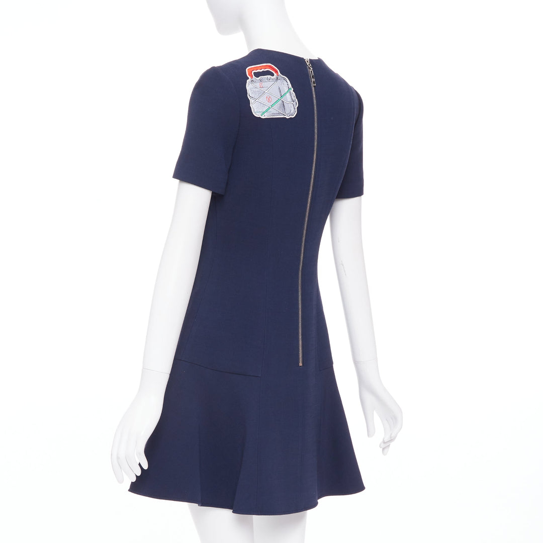 LOUIS VUITTON 2018 navy wool silk electronics embroidered patched dress FR38 M
