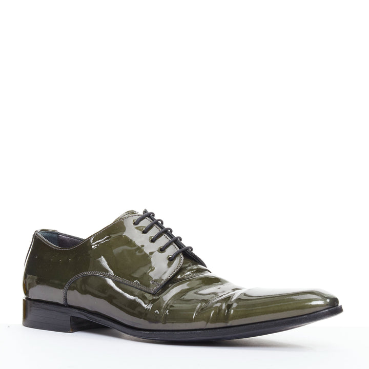 DOLCE GABBANA green patent leather pointy lace up brogue shoes UK7 EU41