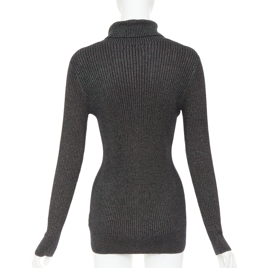 DRIES VAN NOTEN metallic green lurex viscose blend ribbed turtleneck sweater M