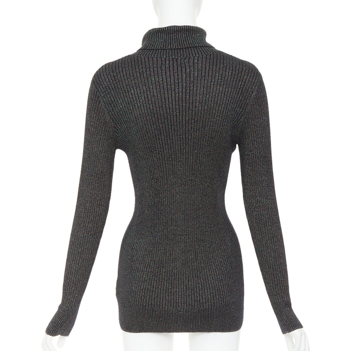 DRIES VAN NOTEN metallic green lurex viscose blend ribbed turtleneck sweater M